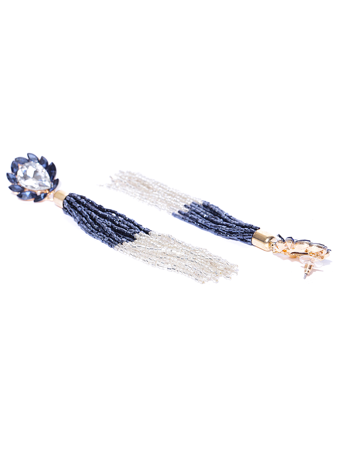 YouBella Navy Blue  Off-White Gold-Plated Stone-Studded  Beaded Tasselled Drop Earrings